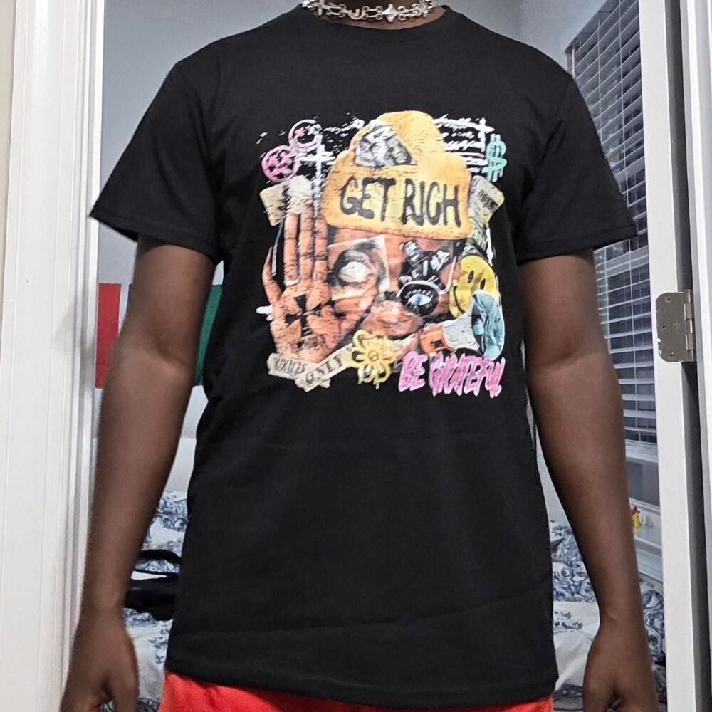 Get Rich Graphic Double Sided Black T-Shirt Y2K Streetwear Tee